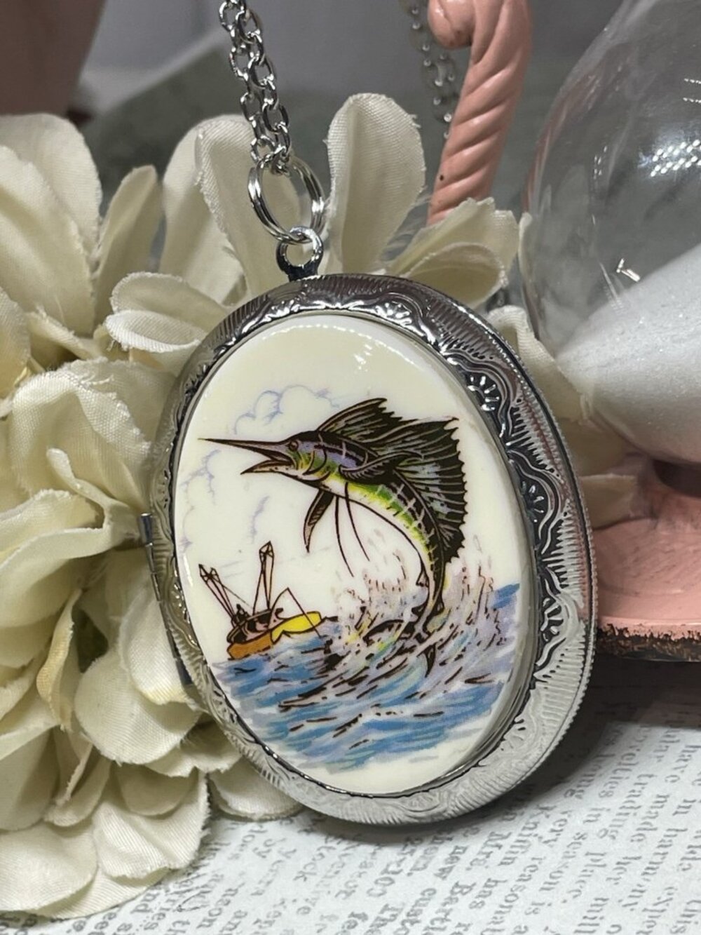 Silver Locket Necklace Beach Marlin Swordfish Sea Wedding Photo Jewelry Birthday